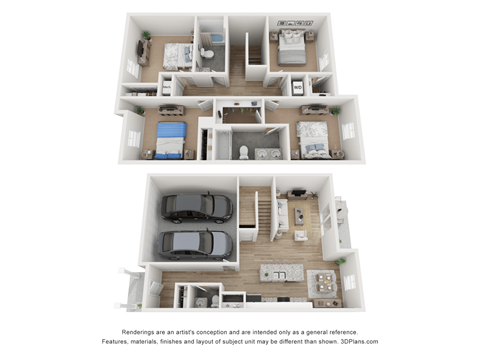 A 3D floor plan of a 4-bedroom home with a garage for two cars.